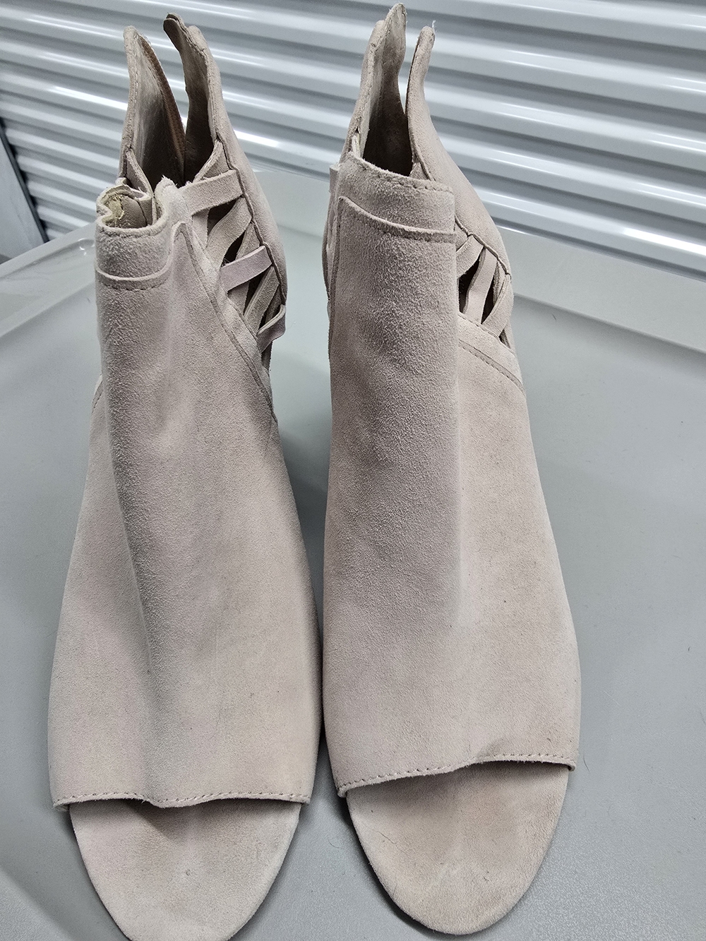 Vince Camuto Taupe Suede Peep-Toe Cutout Mules
